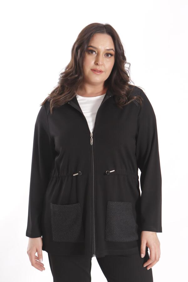 Angelino Büyük Beden Fermuarlı Kapüşonlu Siyah Trenç - 1