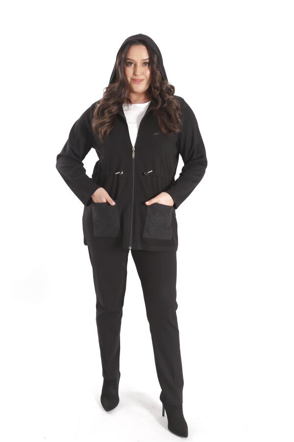 Angelino Büyük Beden Fermuarlı Kapüşonlu Siyah Trenç - 2