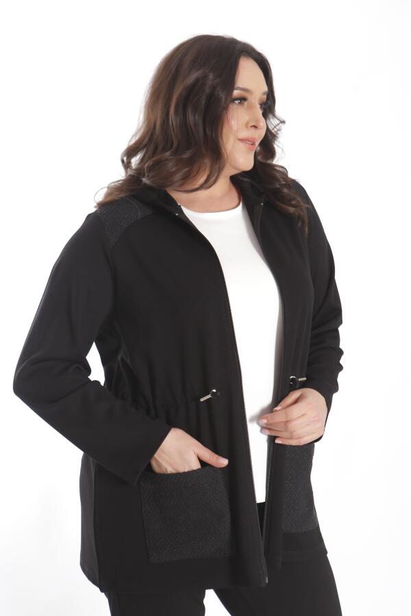 Angelino Büyük Beden Fermuarlı Kapüşonlu Siyah Trenç - 3