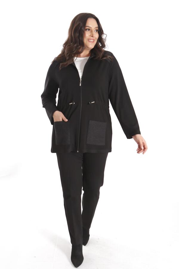 Angelino Büyük Beden Fermuarlı Kapüşonlu Siyah Trenç - 4