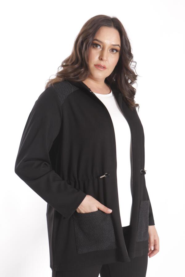 Angelino Büyük Beden Fermuarlı Kapüşonlu Siyah Trenç - 6