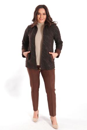 Angelino Büyük Beden Fermuarlı Süet ve Sim Detaylı Dalga Desenli Kahverengi Ceket - 3