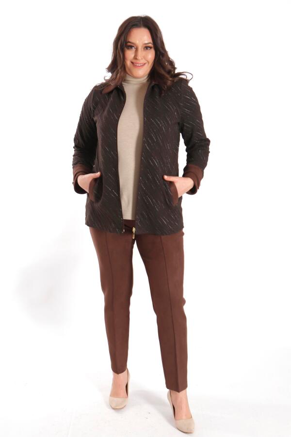 Angelino Büyük Beden Fermuarlı Süet ve Sim Detaylı Dalga Desenli Kahverengi Ceket - 3
