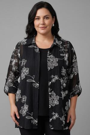 Angelino Büyük Beden Kendinden Nakışlı Siyah İkili Takım - Angelino Moda