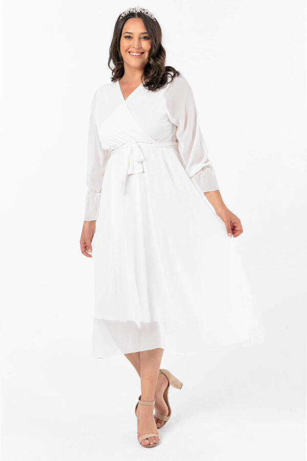Angelino Büyük Beden Kruvaze Yaka Kollu Şifon Elbise nv4001 Beyaz - 1