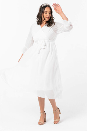 Angelino Büyük Beden Kruvaze Yaka Kollu Şifon Elbise nv4001 Beyaz - 4