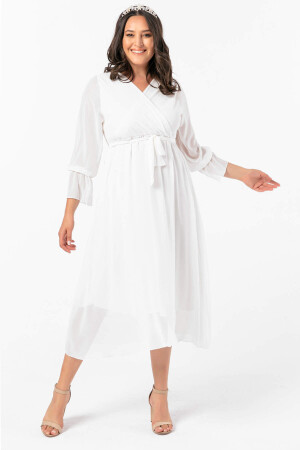Angelino Büyük Beden Kruvaze Yaka Kollu Şifon Elbise nv4001 Beyaz - 5