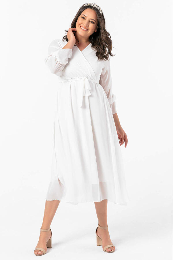 Angelino Büyük Beden Kruvaze Yaka Kollu Şifon Elbise nv4001 Beyaz - 6