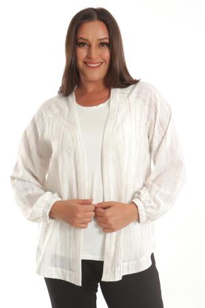 Angelino Büyük Beden Kumaşı Çizgili Kolları Lastikli Oversize Ekru Ceket - 4