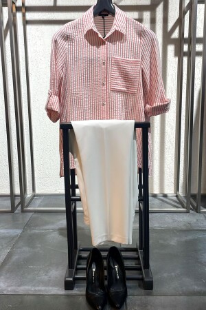 Angelino Büyük Beden Oranj Çizgili Tek Cepli Gömlek - Angelino Moda