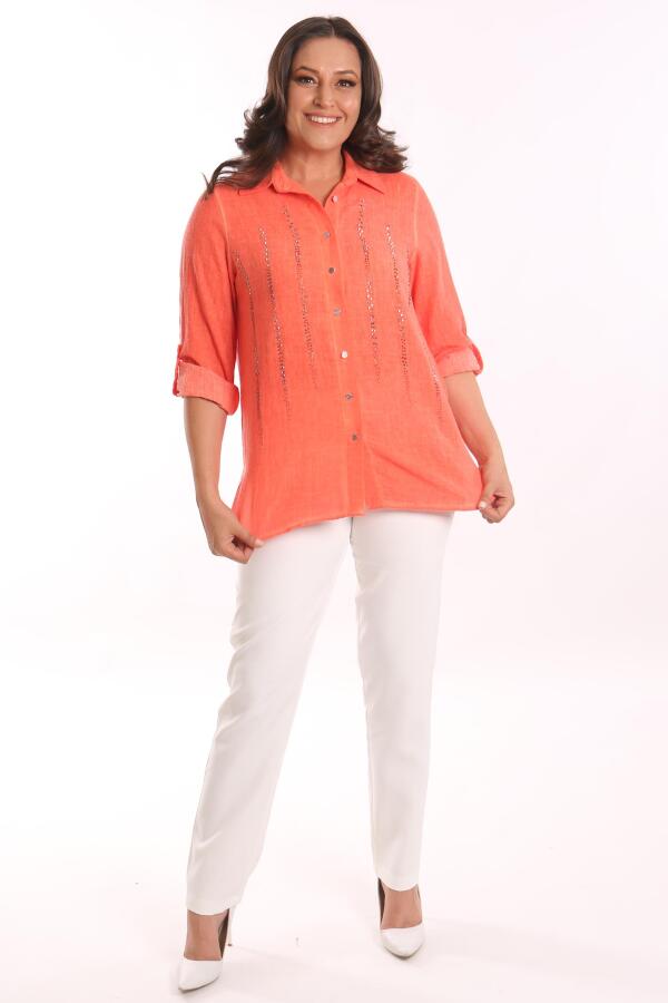 Angelino Büyük Beden Oranj Taş Baskılı Batik Yıkamalı Gömlek - 2