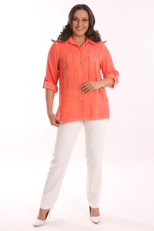 Angelino Büyük Beden Oranj Taş Baskılı Batik Yıkamalı Gömlek - 4