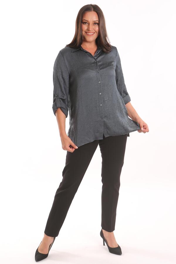 Angelino Büyük Beden Petrol Yeşili Kraşlı Saten Gömlek - 2