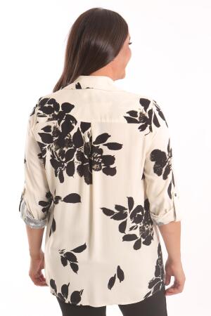 Angelino Büyük Beden Pili kaşeli Çiçek Desenli Ekru Gömlek - 5