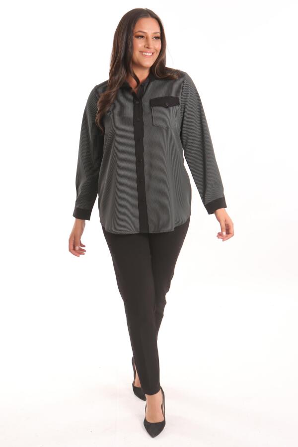 Angelino Büyük Beden Siyah Çizgili Cepli Gömlek - 4