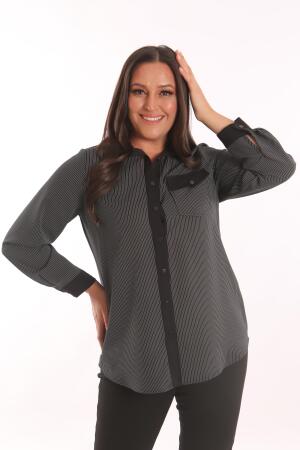 Angelino Büyük Beden Siyah Çizgili Cepli Gömlek - 5