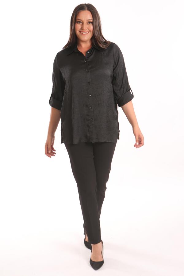 Angelino Büyük Beden Siyah Kraşlı Saten Gömlek - 2