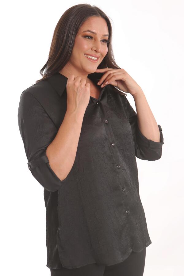 Angelino Büyük Beden Siyah Kraşlı Saten Gömlek - 3