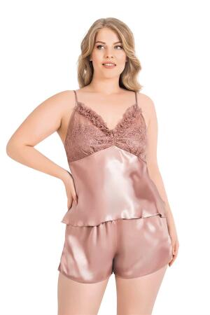 Angelino Büyük Beden Vizon Saten Babydoll Şort Takımı - 1