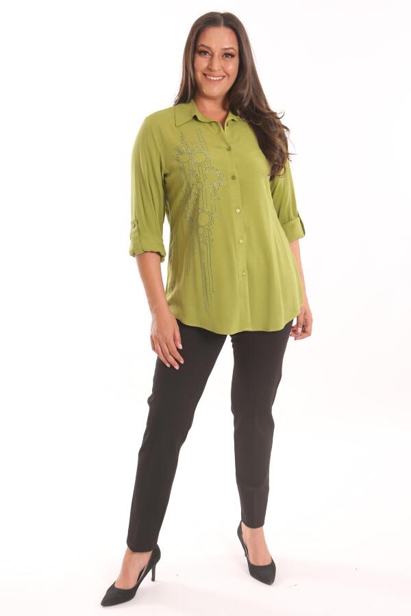 Angelino Büyük Beden Yağ Yeşili Taş Baskılı Dokuma Gömlek - 4