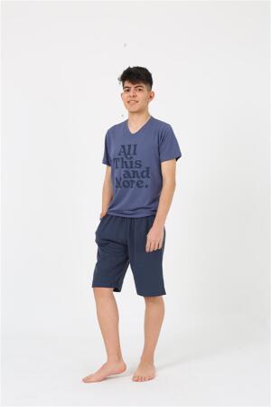 Angelino Erkek Genç Garson Boy Kısa Kol Lacivert Penye Şortlu Pijama Takımı 20377 - 3