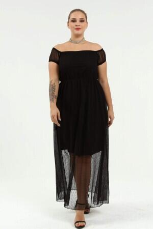 Angelino Genç Büyük Beden Puantiye Tüllü Kayık Yaka Abiye Elbise KL8029 - Angelino Butik