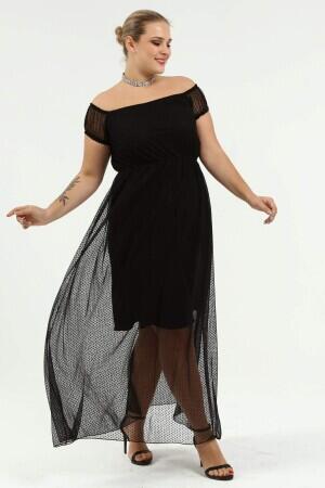 Angelino Genç Büyük Beden Puantiye Tüllü Kayık Yaka Abiye Elbise KL8029 - 7