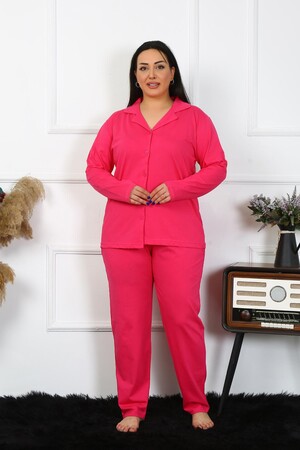 Angelino Underwear Women's Large Size Cotton Pocket Buttoned Fuchsia Pajama Set 202401 - 1