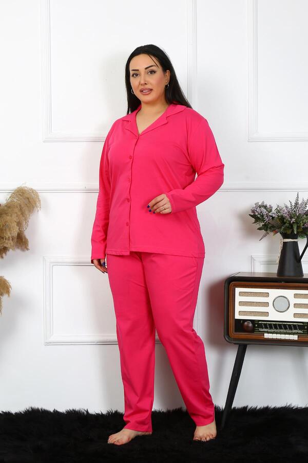 Angelino Underwear Women's Large Size Cotton Pocket Buttoned Fuchsia Pajama Set 202401 - 2