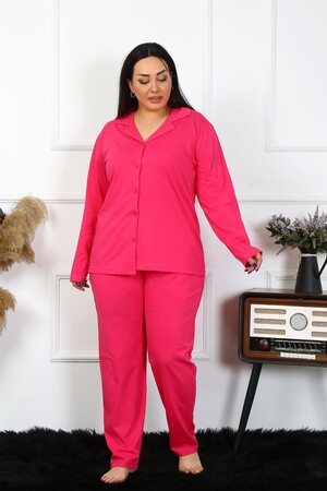 Angelino Underwear Women's Large Size Cotton Pocket Buttoned Fuchsia Pajama Set 202401 - 3