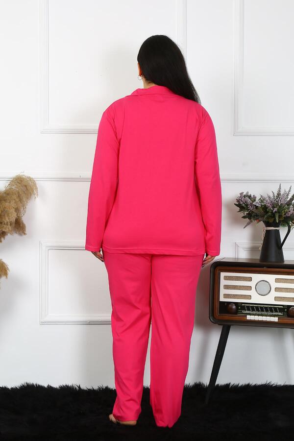 Angelino Underwear Women's Large Size Cotton Pocket Buttoned Fuchsia Pajama Set 202401 - 4