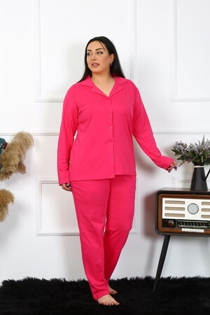Angelino Underwear Women's Large Size Cotton Pocket Buttoned Fuchsia Pajama Set 202401 - 6