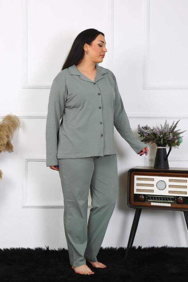 Angelino Underwear Women's Large Size Cotton Pocket Buttoned Khaki Pajama Set 202401 - 3