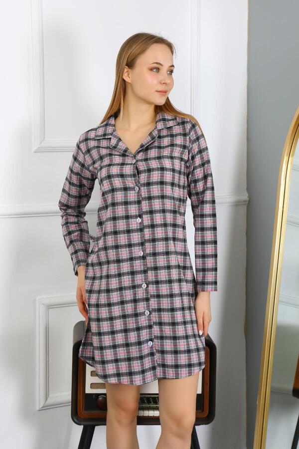 Angelino Underwear Women's Combed Cotton Long Sleeve Buttoned Black Tunic Nightgown 13102 - 1