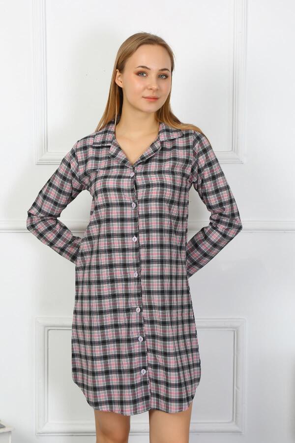 Angelino Underwear Women's Combed Cotton Long Sleeve Buttoned Black Tunic Nightgown 13102 - 2