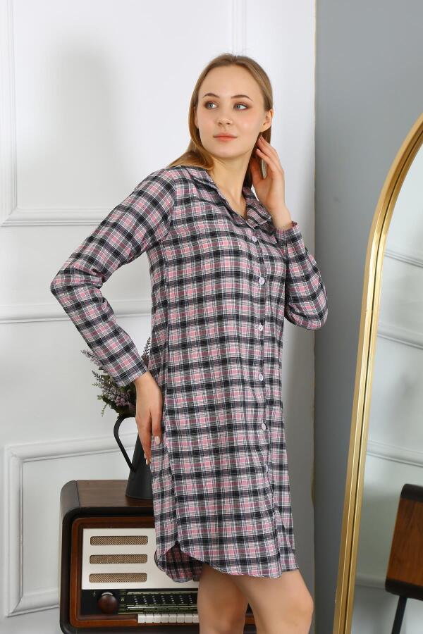 Angelino Underwear Women's Combed Cotton Long Sleeve Buttoned Black Tunic Nightgown 13102 - 4