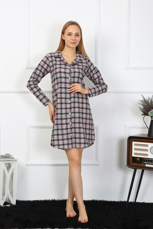 Angelino Underwear Women's Combed Cotton Long Sleeve Buttoned Black Tunic Nightgown 13102 - 5
