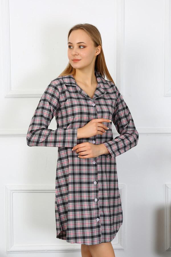 Angelino Underwear Women's Combed Cotton Long Sleeve Buttoned Black Tunic Nightgown 13102 - 6