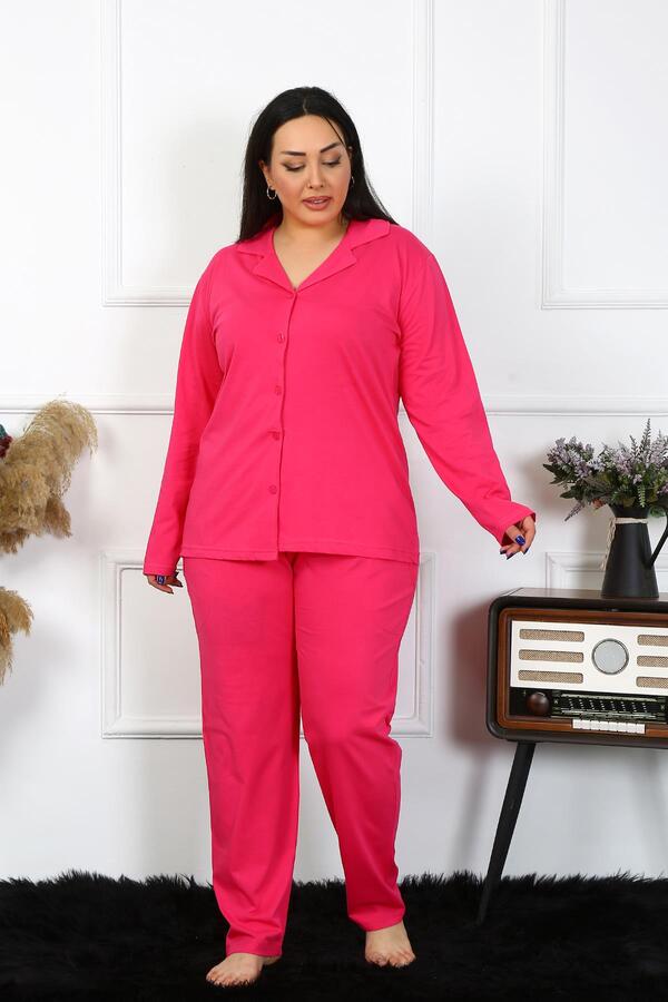 Angelino İç Giyim Kadın Büyük Beden Pamuklu Cepli Düğmeli Fuşya Pijama Takım 202401 - 3