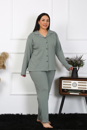 Angelino İç Giyim Kadın Büyük Beden Pamuklu Cepli Düğmeli Haki Pijama Takım 202401 - 1