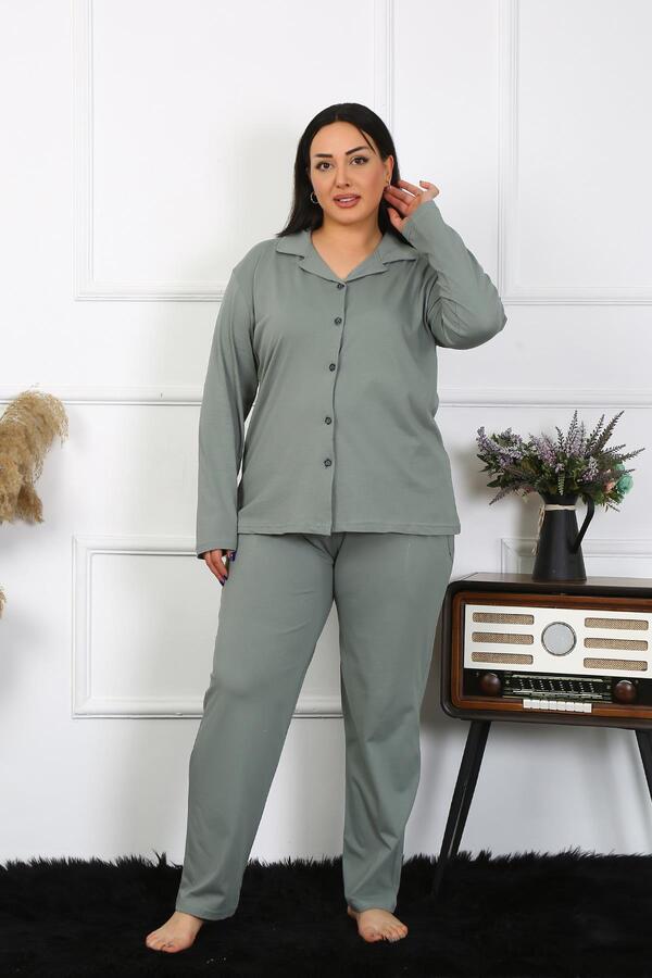 Angelino İç Giyim Kadın Büyük Beden Pamuklu Cepli Düğmeli Haki Pijama Takım 202401 - 2