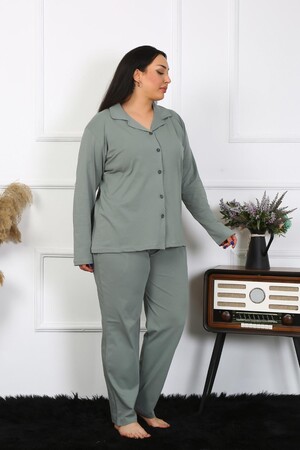 Angelino İç Giyim Kadın Büyük Beden Pamuklu Cepli Düğmeli Haki Pijama Takım 202401 - 3