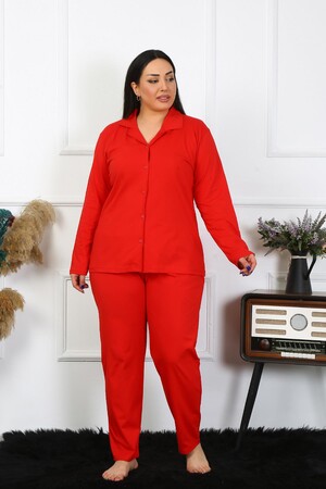 Angelino İç Giyim Kadın Büyük Beden Pamuklu Cepli Düğmeli Kırmızı Pijama Takım 202401 - 1