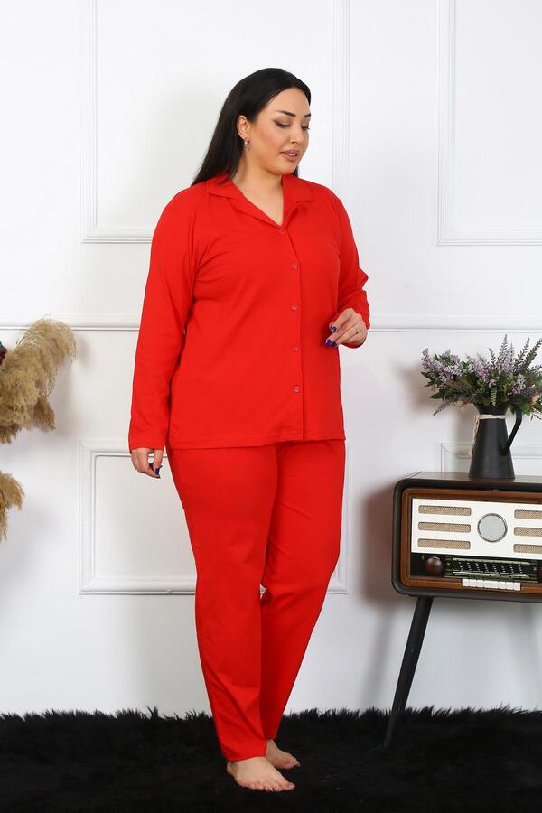 Angelino İç Giyim Kadın Büyük Beden Pamuklu Cepli Düğmeli Kırmızı Pijama Takım 202401 - 4
