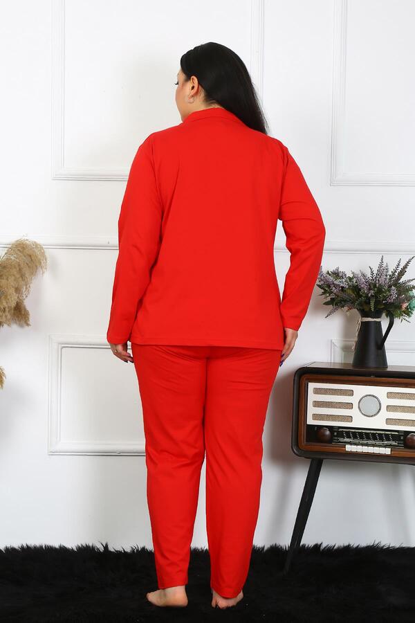 Angelino İç Giyim Kadın Büyük Beden Pamuklu Cepli Düğmeli Kırmızı Pijama Takım 202401 - 5