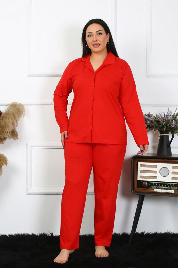 Angelino İç Giyim Kadın Büyük Beden Pamuklu Cepli Düğmeli Kırmızı Pijama Takım 202401 - 6