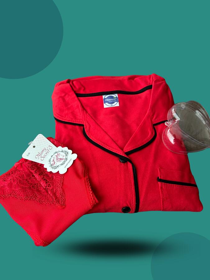Angelino İç Giyim Kadın Yılbaşı 2'li Özel Kalp Kutulu Slip - Pijama Hediye Seti 20244 - 2