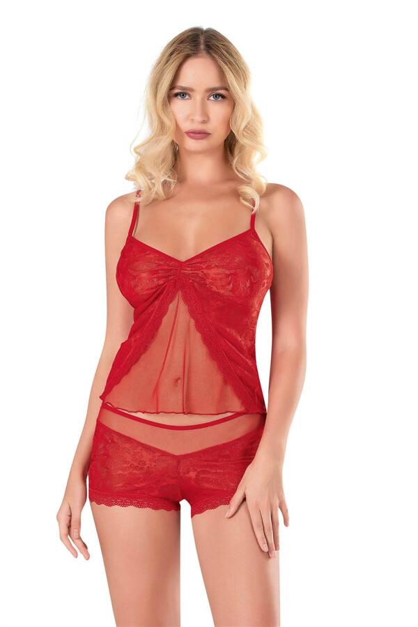 Kırmızı Jakarlı Babydoll Şort Takımı - 1