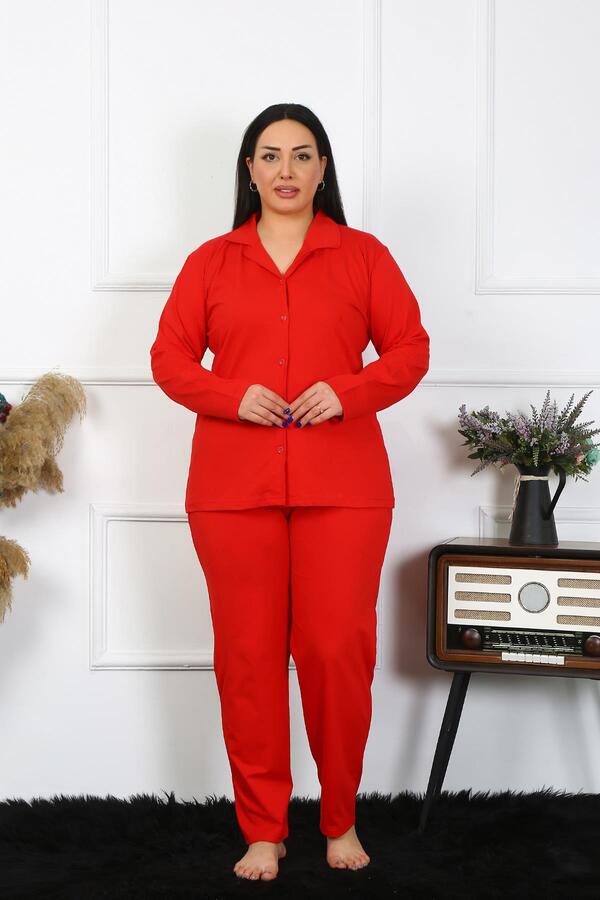 Angelino Underwear Women's Large Size Cotton Pocket Buttoned Red Pajama Set 202401 - 2