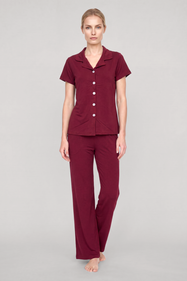 Angelino Kadın Bordo Klasik Gömlek Yaka Pijama Takımı - 3